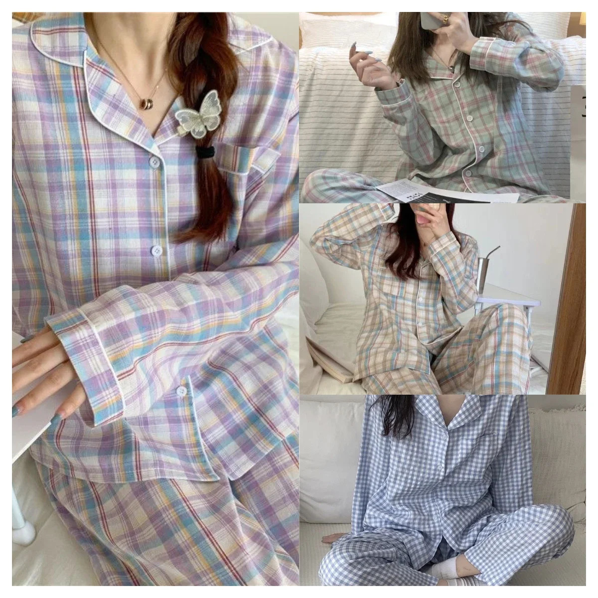 Pajamas Female Autumn and Winter LongSleeved Sweet Nightwear Homewear TwoPiece Set Women Plaid Casual Simple Sleepwear 251029