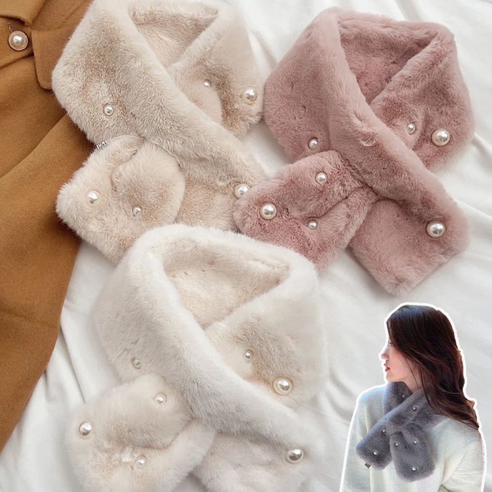 Pearl Faux Rabbit Fur Scarf Women Cute Neck Warmer Winter Warm Soft Furry Scarves Outdoor Windproof Cross Scarf Collar 251029