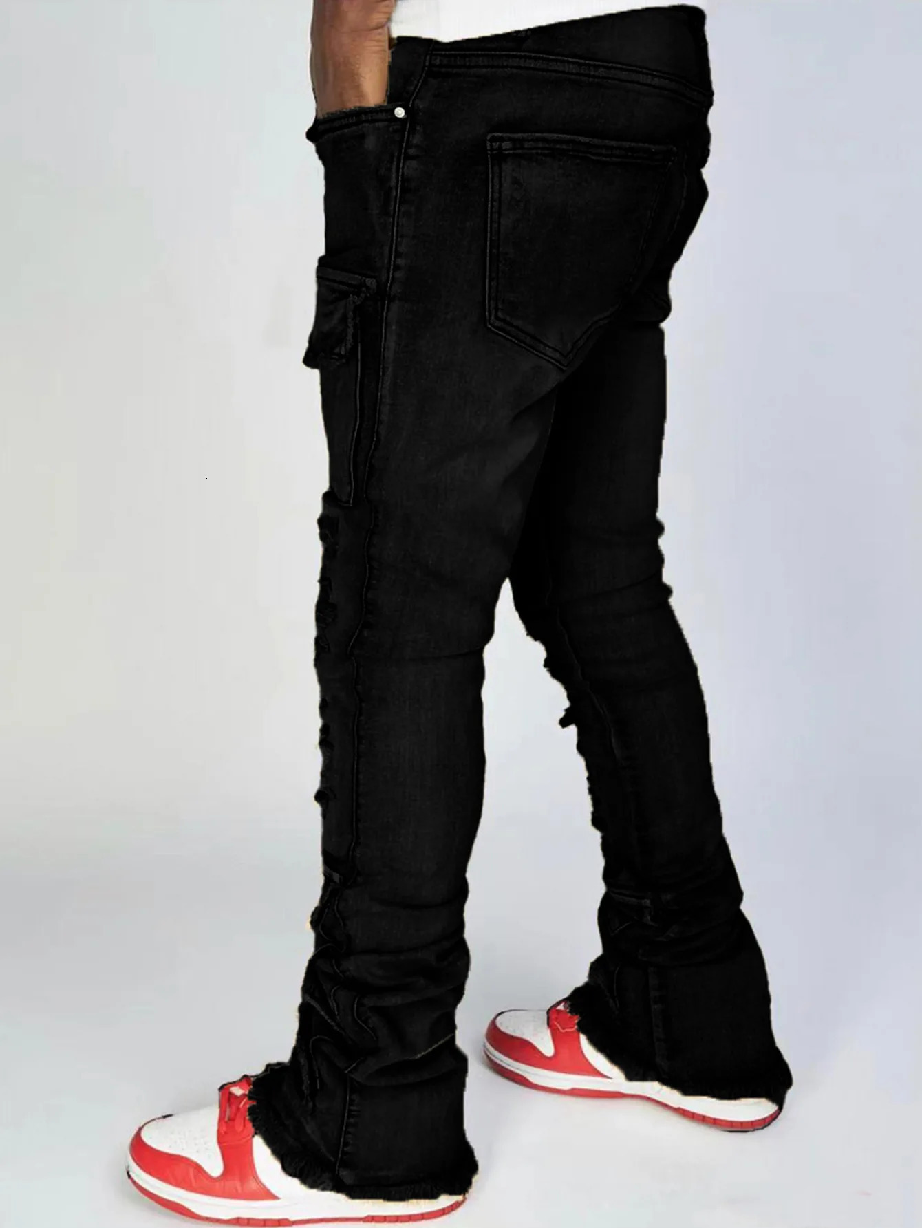 Men Jeans Long Pant Denim Flare Pants Hole Straight Trousers Slim Fit High Waist Casual Button Pocket Splice Autumn Winter 251029
