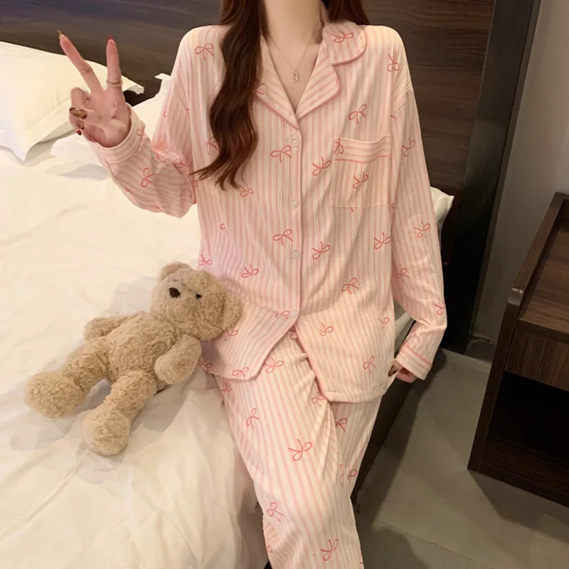 Womens Spring and Fall Pajamas Homewear Set Wrinkled Cloth Sweet Girl Students LongSleeved Casual 251029
