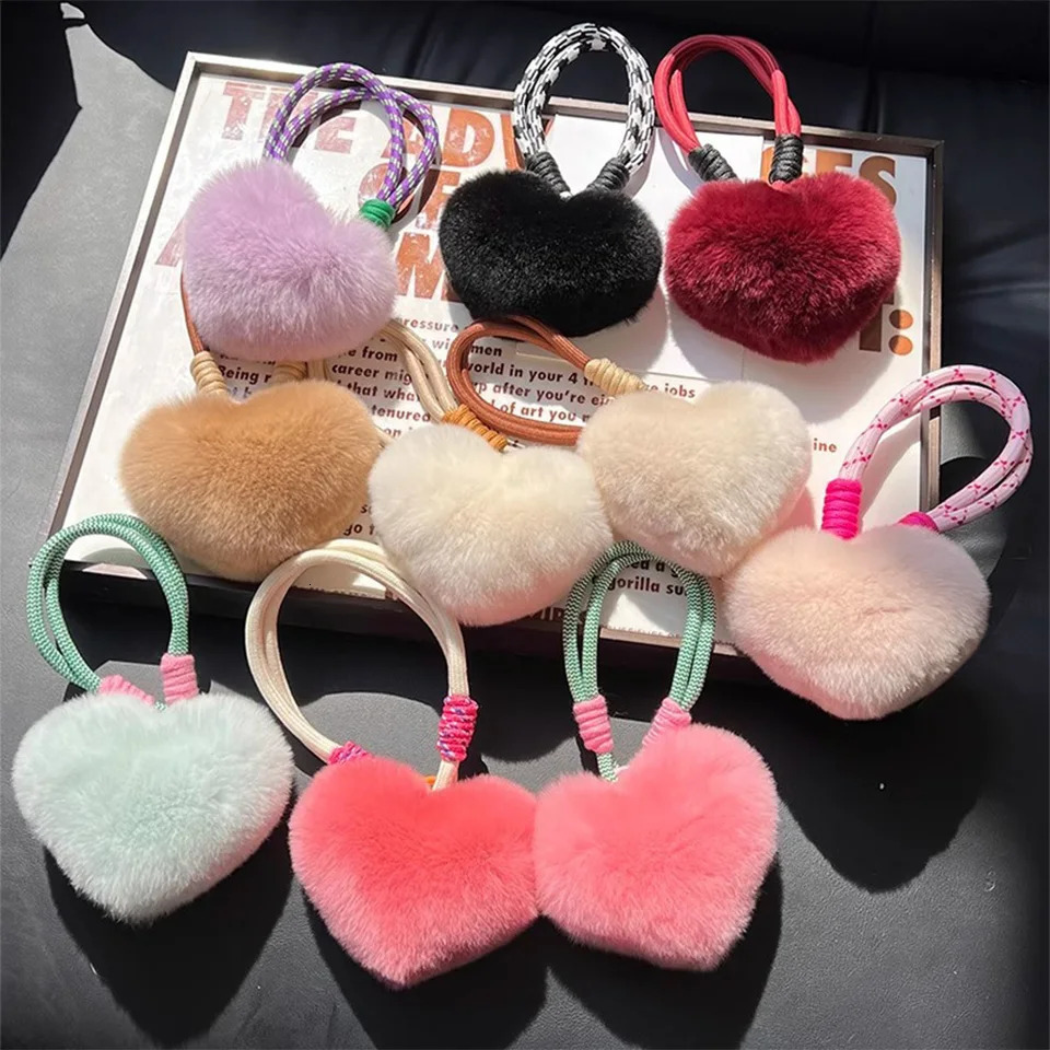 Heart Plush Keychain Colorful Lanyard Bag Accessories Fashion Wrist Strap Pendant Keychains Soft Fluffy Cute Bag Decoration 251029