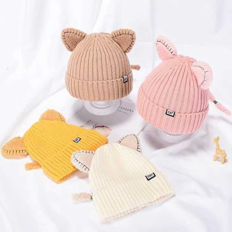Solid Color Baby Winter Hat Kids Thicken Woolen Knitted Beanie Cartoon Cat Ear Girls Children Cold Proof Warm Ear Protection Cap251028