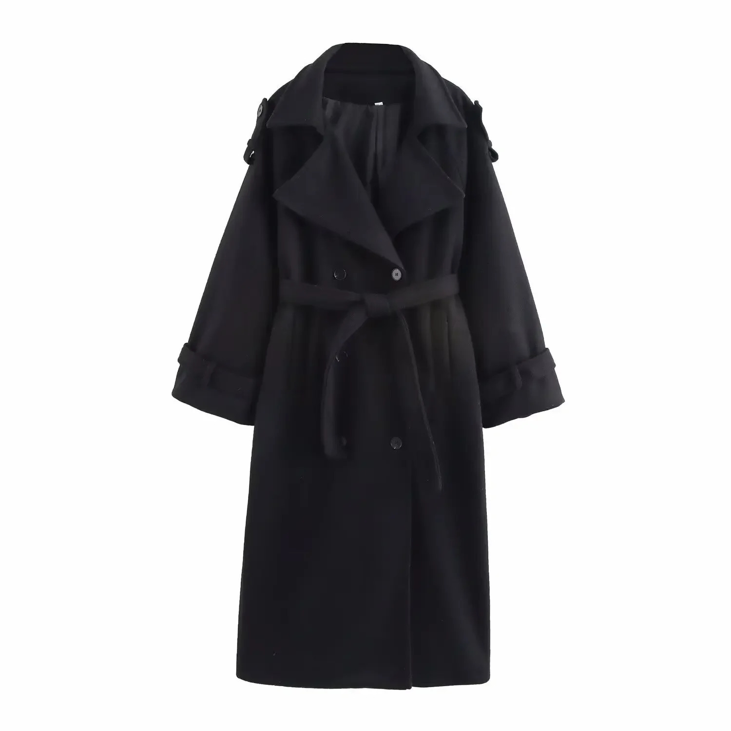 Fashionable Long Loose Coat with Waist Belt And Double Row Buttons Elegant Womens Woolen Overcoat Simple Independent Station St 251029