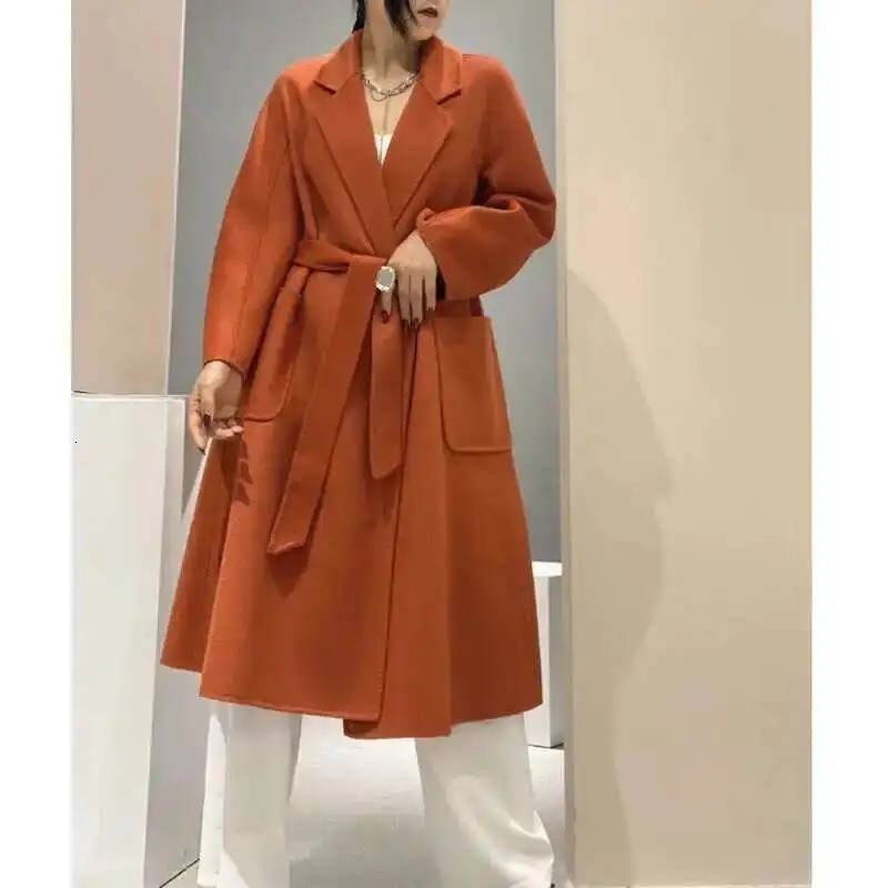 LANMREM 2025 High End Water Ripple Doublesided Wool Coat Women Long Bathrobe Style Autumn Winter Coat For Female 2A462 251029