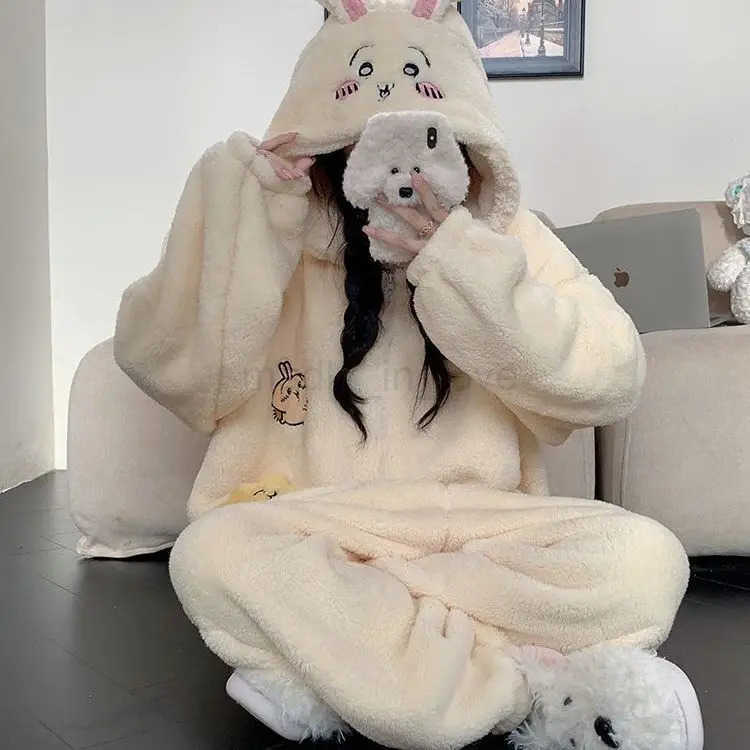 Chiikawa Usagi Onesie Winter Pajama Y2K Cute Cartoon Animal Peripheral Soft Jumpsuit Velvet Pajama Night Robe Boy Girl Suit Gift M251029