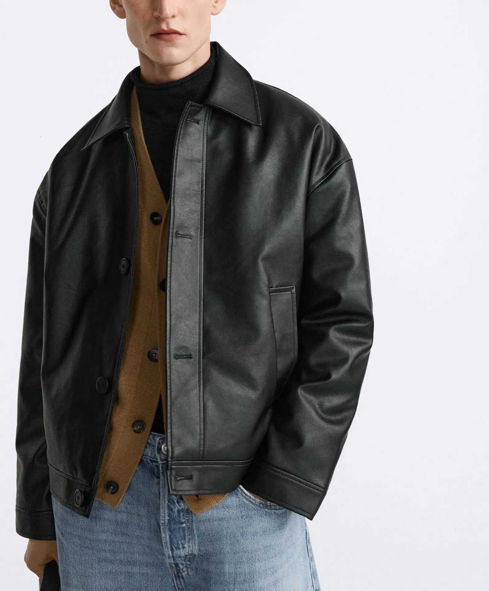 Mens Spring and Autumn New Fashion Casual Imitation Leather Lapel Jacket Solid Color Single Breasted Loose PU Leather JacketT251029