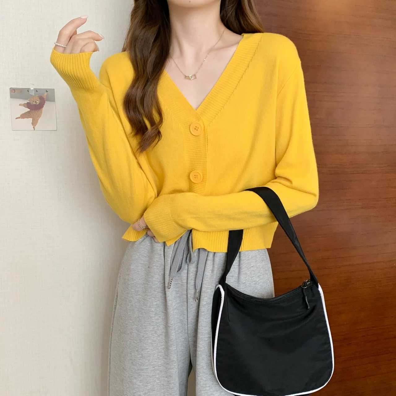 Thin Summer Yellow Cardigan Knitted Shirt Womens High Stretch Long Sleeve Casual VNeck Sweater Tank Top ClothesT251028