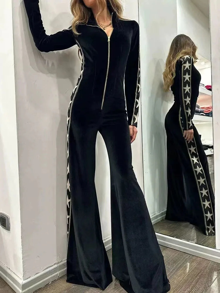 Lady Fashion Hight Waist Slim Velvet Romper Casual Long Sleeve Print Splicing Jumpsuit Elegant Vneck Zipper Solid Playsuit 251028