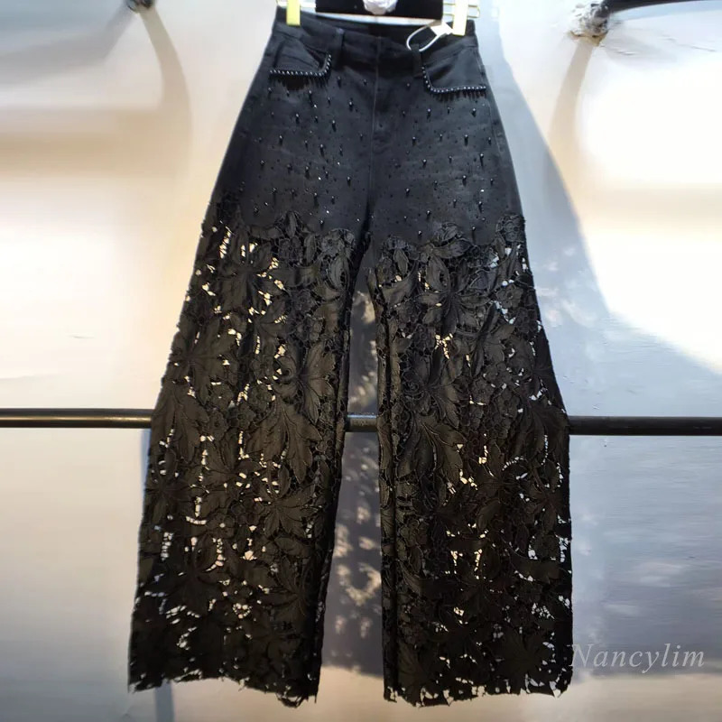 European 2025 Hollow Lace Jeans Women Summer Black Lace Denim Pants Heavy Industry Beads Diamond Denim Splicing Crochet 251029