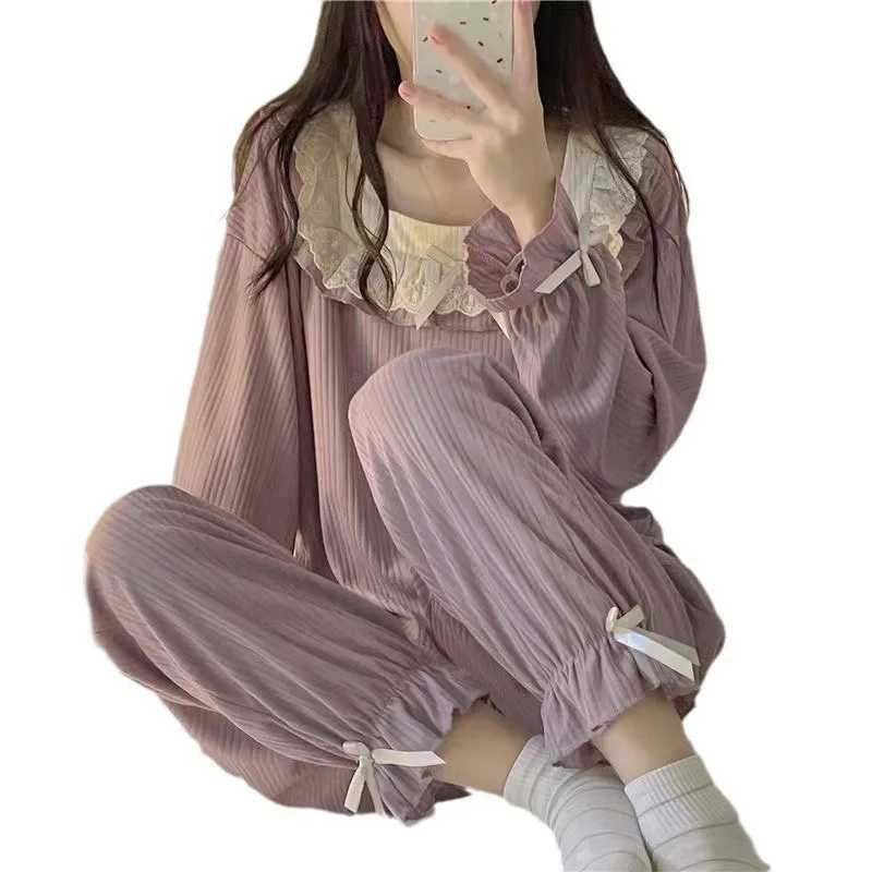 Spring and Autumn New Womens Pajamas Homewear Set of Girls Pajamas Spring and Autumn Lace Pit Stripes Student Pajamas HomewearT251029