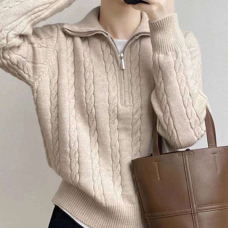 2025 Winter Knit Korea Women Zipper Hemp Pattern All-Match Sweater Autumn Loose Turtleneck Pullover Crochet Tops Designer Sweater Women Bear Sweater