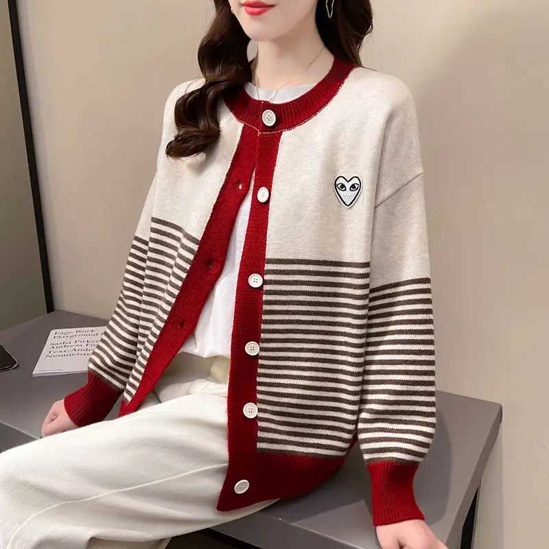 Korean Appliques Thick Autumn Winter Sweaters Striped ONeck Slim Womens Clothing Knitting Single Breasted Cardigan Lazy StyleT251028