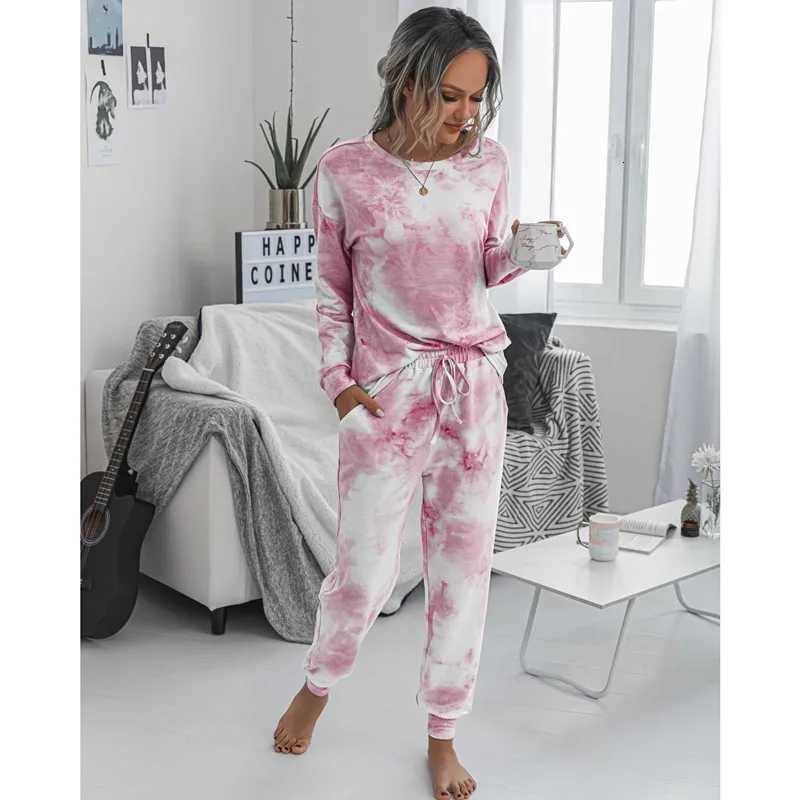 2025 Fall and Winter Womens TwoPiece Set Casual Round Neck Sportswear Ladies TieDye Printing LongSleeved Casual HomewearT251029