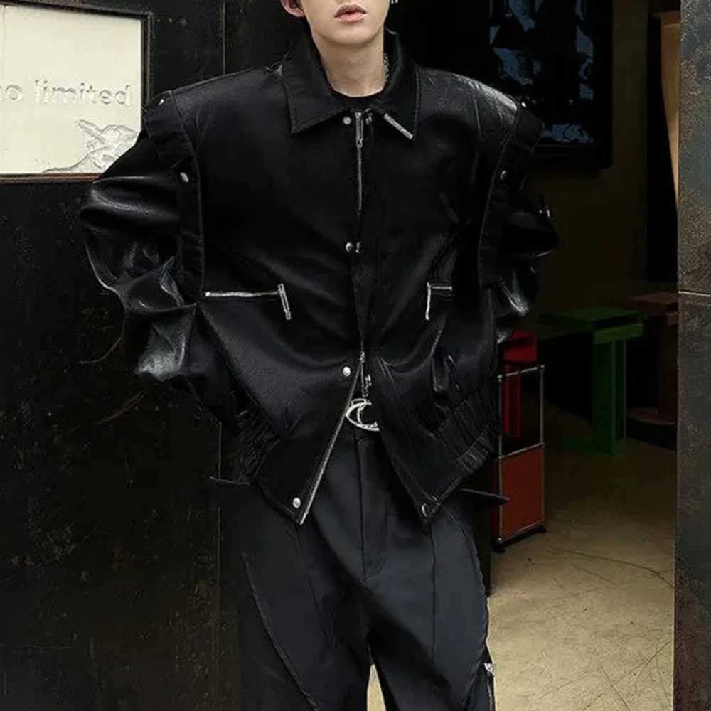 Mens Liquid Metal Shiny Shoulder Pad Biker Casual Jacket Autumn Streetwear Fashion Motorcycle Short Jacket MenS Clothing 2025T251029