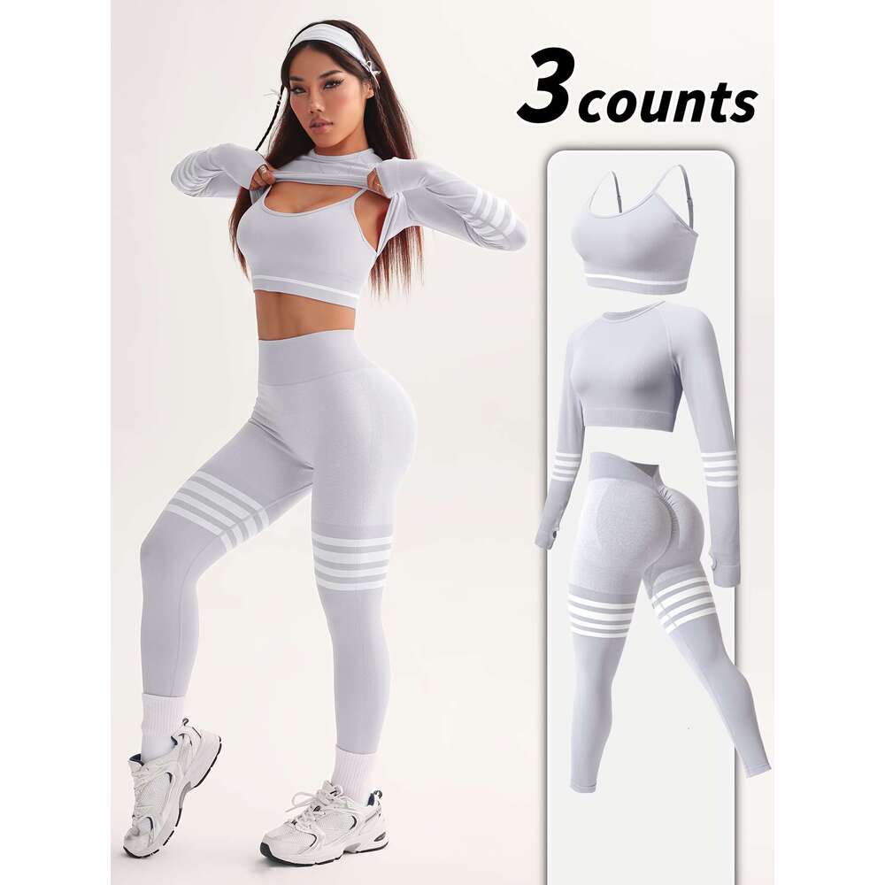 Three-Piece Set Women's Seamless Striped Color Block Sports Bra Long Sleeve Pants High Elasticity Light Beige-Friendly Moisture-Wicking Quick-Dry