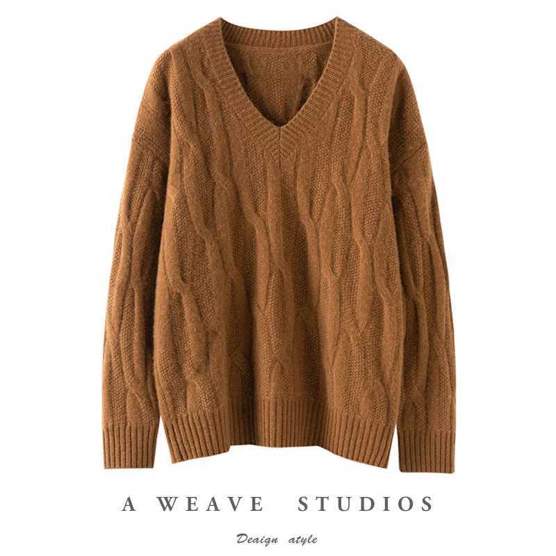 Ladies Loose Fit VNeck Knitted Wool Sweater Thick Lazy Style Australian Pure Wool Long Sleeve Autumn Winter New Arrival J251029