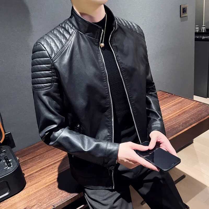 2023 Autumn Winter Leather Jacket Men Slim Casual PU Coat Moto Biker Stand Collar Solid High Quality Korean Leather Jakcets ManT251029