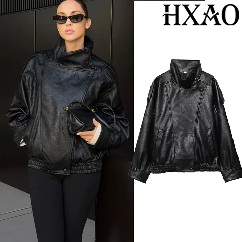 HXAO Black Jacket For Woman Outerwears Faux Leather Long Sleeve In Coats And Jackets Zipper Bomber Motorcycle 251028