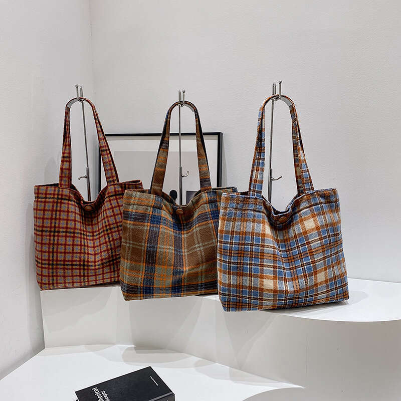 Designer bag Ins Style Fashion Woolen Plaid Single Shoulder Korean Commuter Underarm Large Capacity Casual Tote Bag