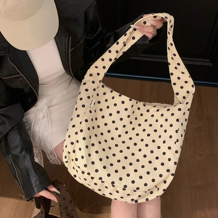 Korean Causal Polka Dot Handbag Female Instagram Fashion Canvas Shoulder Bag Large Capacity Tote Bags 251029