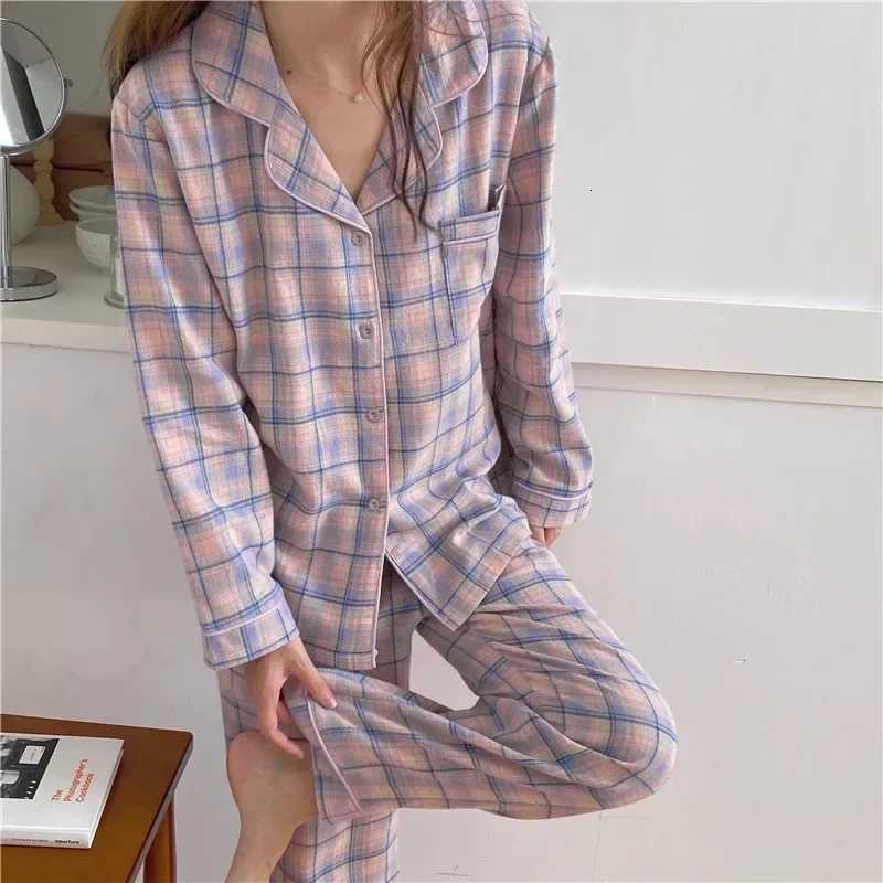 Women Spring Autumn Classic Plaid Pajamas Set Korean Sleepwear Long Sleeve Lapel Homewear Female Casual Loose LoungewearT251029