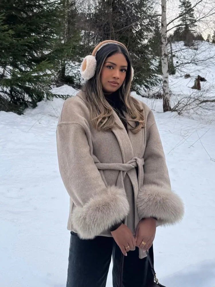 Elegant Faux Fur Sleeve Women Woolen Jacket With Belt Fashion Office Lady Outerwear Winter Lace Up Long Coats High Street 251028