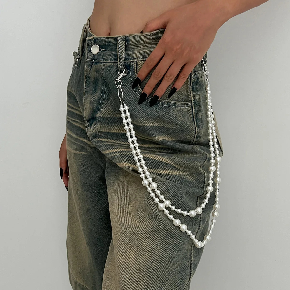 Edgy Punk Cross Pants Chain for Women Gothic Hip Hop Beaded Pearl Jewelry Jeans Waist Accessory Jewelry Gift 251021
