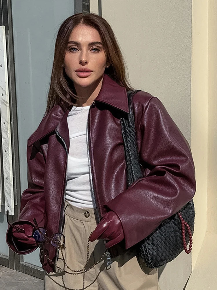 Motorcycle PU Leather Jacket Wine Red Lapel Loose Zipper Biker Leather Jacket Autumn Winter Fashion Commute Womens Coat 251029