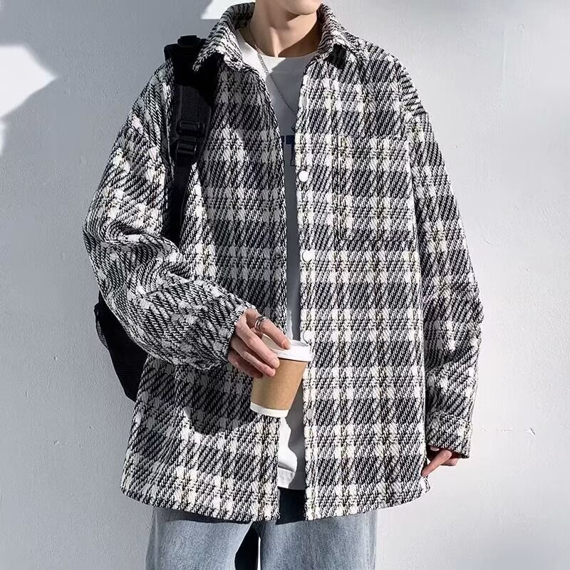 2025 Spring And Autumn Small Fragrance Style Woolen Coat Men's Trendy Designer Jacket Loose Casual Jacket High-end Cool Plaid Shirt