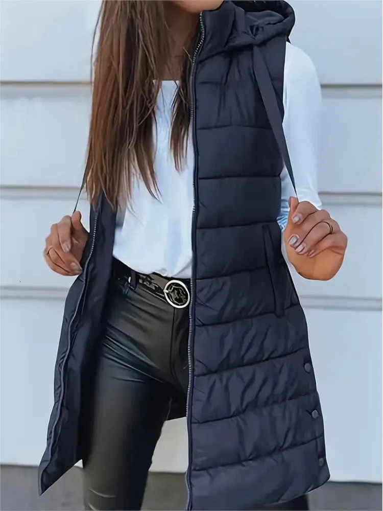 Casual Solid Color Hooded Zipper Vest Jacket For Womens Autumn Winter With Cotton Patchwork Slit Warmth Thickened Female 251027
