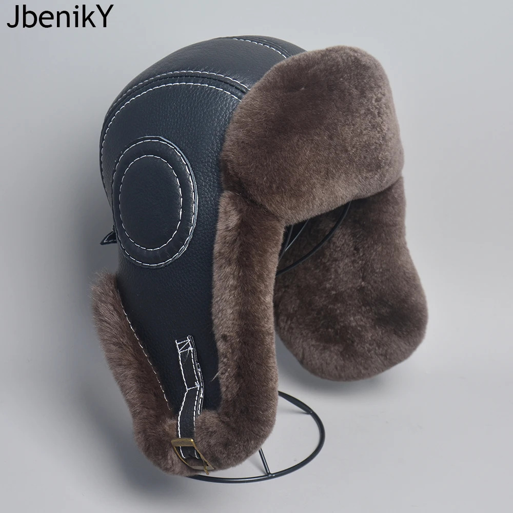2025 Mens 100 Natural Rex Rabbit Fur Bomber Hats Winter Russian Man Warm Real Sheepskin Leather Hat Male Real Fur Caps 251029