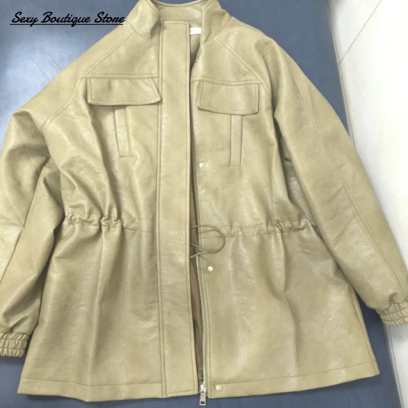 Autumn Winter Pu Leather Jacket For Women Solid Full Sleeve Elastic Adjustable Waist Coat 2025 Lady Fashion Casual Outwears 251029