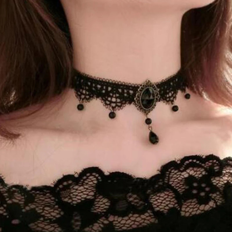 Sexy Gothic Chokers Crystal Black Lace Neck Choker Necklace Vintage Victorian Women Chocker Steampunk Jewelry 251029
