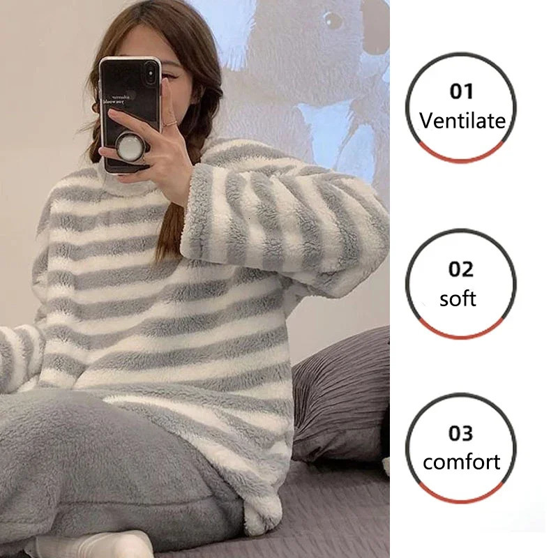 2PCSSet Padded Thickened Warm Fall and Winter LongSleeved Soft Pajamas Women Flannel Outside Striped Homewear Large 251029