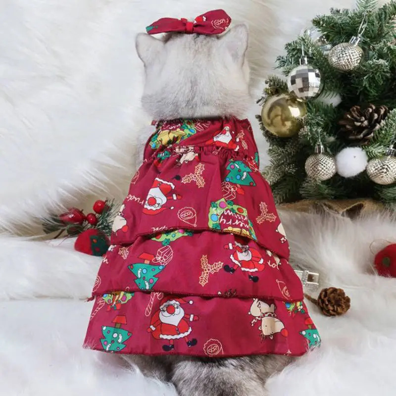 Pet Cat Dress Clothes Christmas Dog Dress Dog Slip Dress Coat Dress Red Skirt Costume Pet Cat Warm Dress Bow Skirt Pet Costume 251029