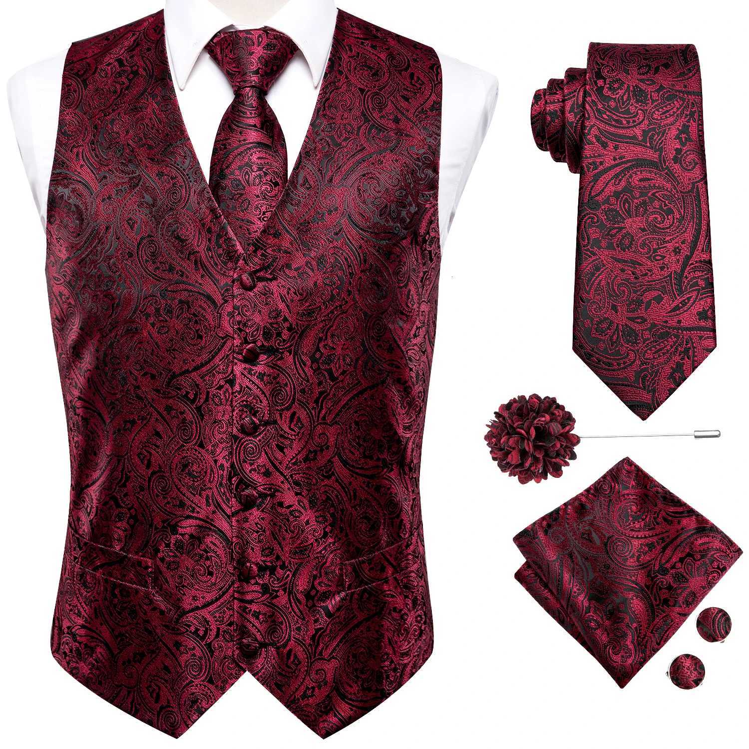 HiTie Silk Mens Vests Jacquard Waistcoat Neck Tie Hanky Cufflinks Brooch Set for Men Suit Sleeveless Jacket Wedding Business W251029