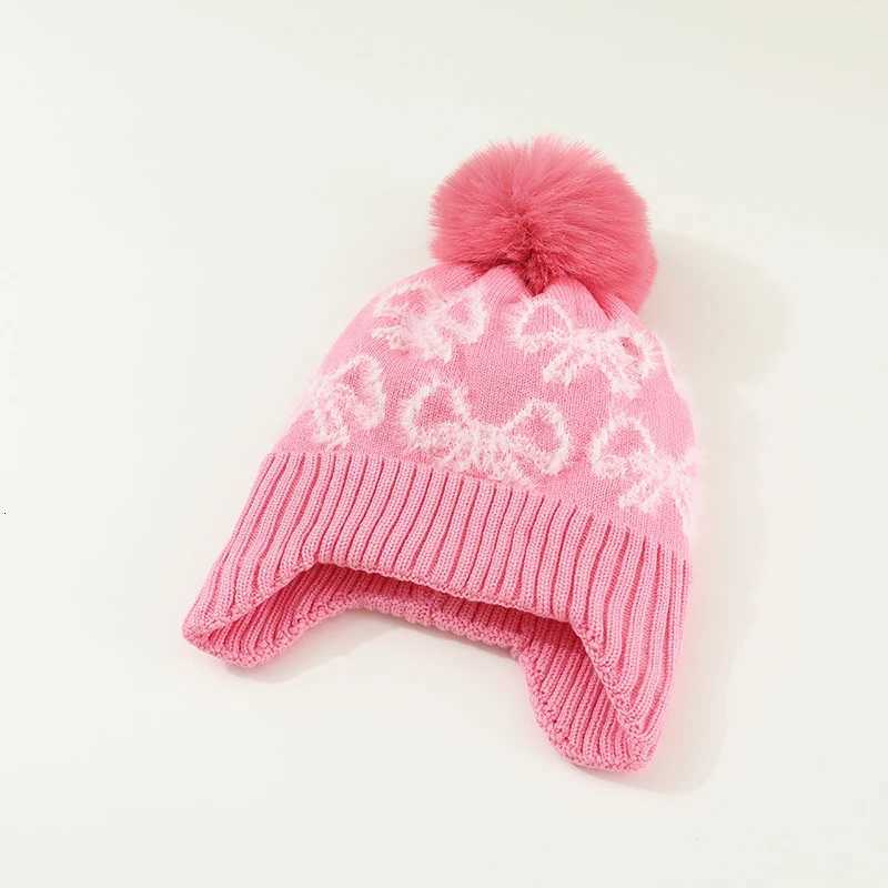 Children Girl Pink Bow Plsuh Beanies Winter Warm Baby Ear Protection Hat Velvet Lining Earmuffs Cap 15year Kids Woolen Knit Hat251028