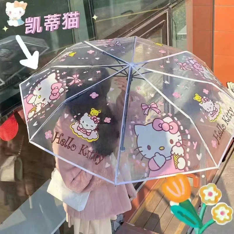 Sanrio Sanrio Hello Kitty Kuromi Cinnamoroll Cartoon Transparent Folding Umbrella Student Ins Cute Fully Automatic Opening and Closing L251029