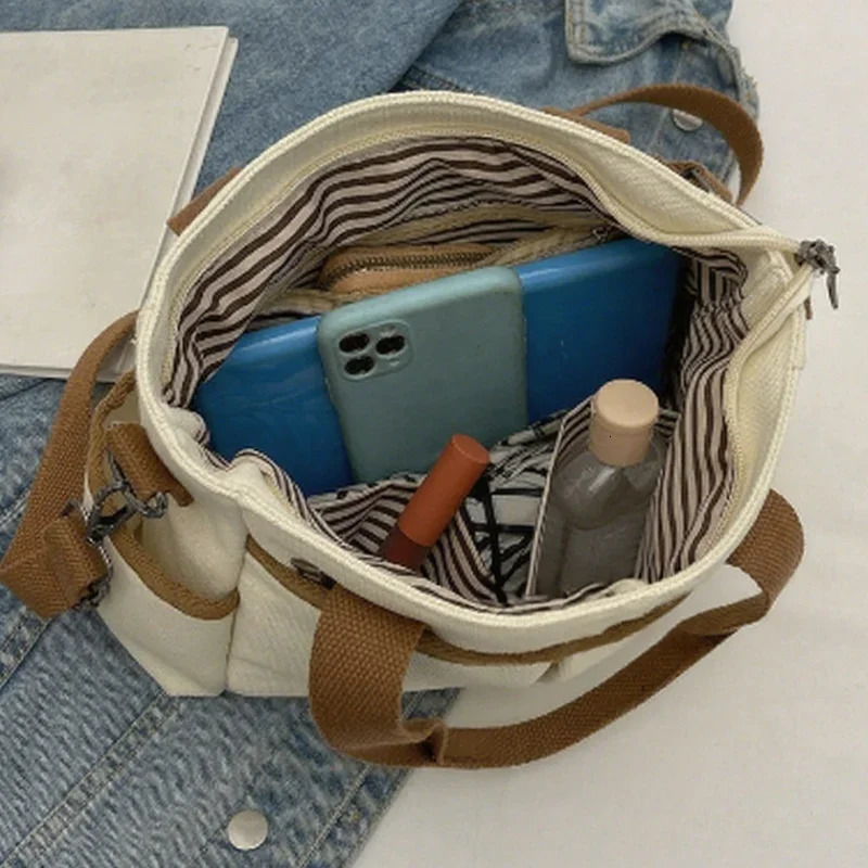 Multiple Pockets Womens Canvas Bag Tote Shoulder Bag Large Capacity Casual Handbag For Female 251029