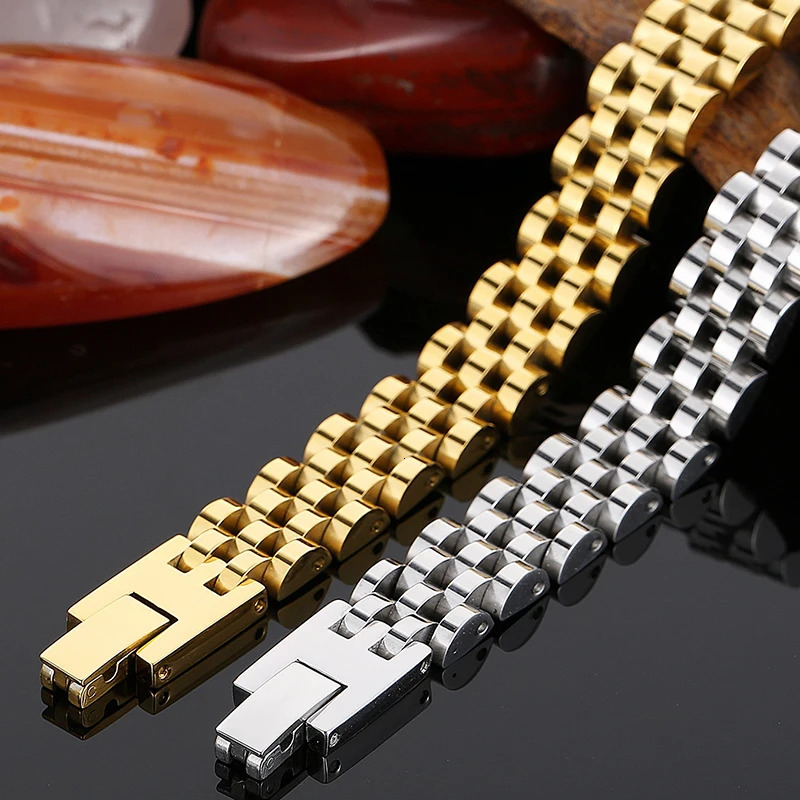 1015MM Watchband Style Mens Man Bracelet For Men Women Waterproof Gold Color Stainless Steel Mannen Armband Hand Wrist Jewelry 251028