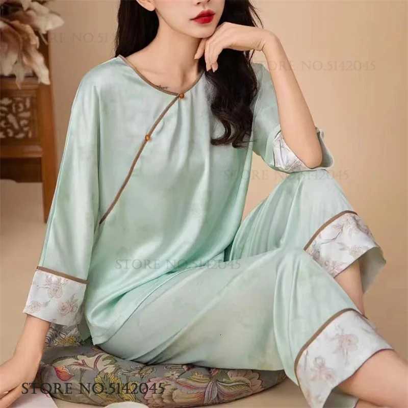 New Chinese Style Women Pajamas Set Loungewear Elegant Print Flower Sleepwear Trouser Suits Loose Silk Satin Homewear PyjamaT251029