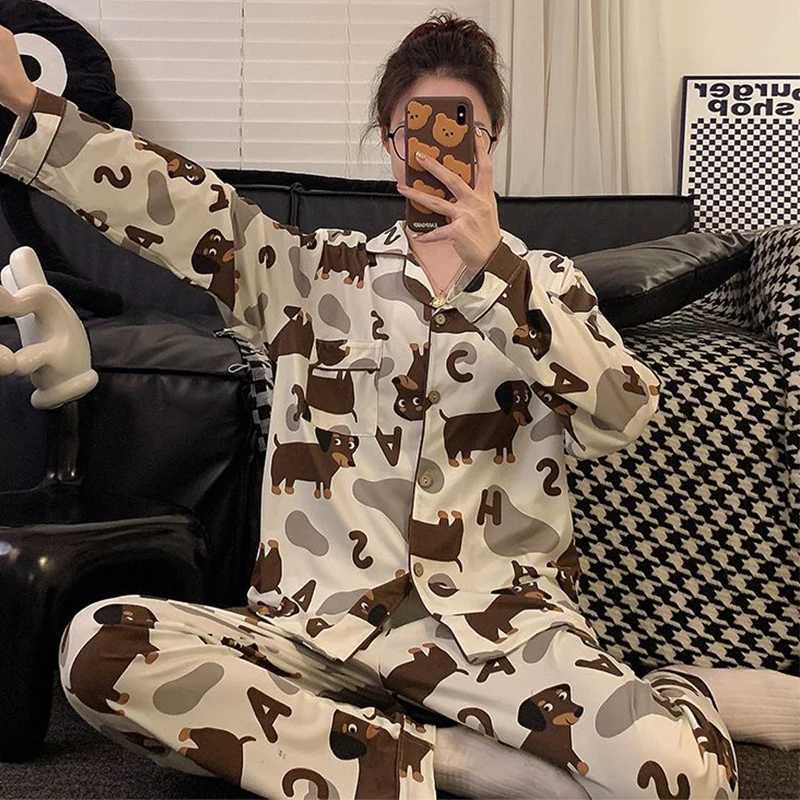 Spring Autumn 2024 Long Sleeve Womens Pajamas Set Cute Dachshund Teckel Print Cotton Two Pieces Full Length Pants Loose 43933T251029