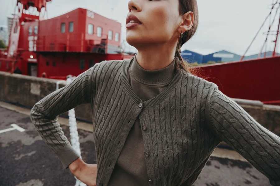 AS AW25 new design knitting cable cardigan ribbing mockneck dress maxi length match for lady wearT251028