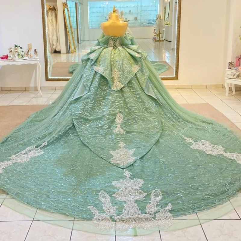 Green Shiny Princess Off the Shoulder Sweet 16 Dress Quinceanera Dresses Applique Beading Tull Party Birthday Vestidos 15 De