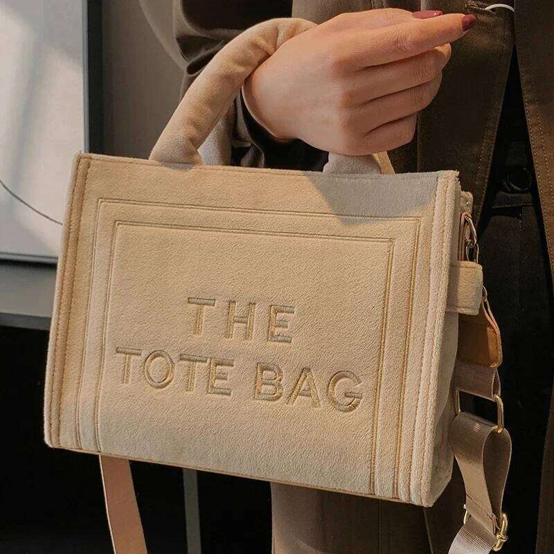 Women's Khaki Velour Tote Bag Original Letter Print Ladies Brand Shopper Handbag Female Square Medium Shoulder Bags 251029