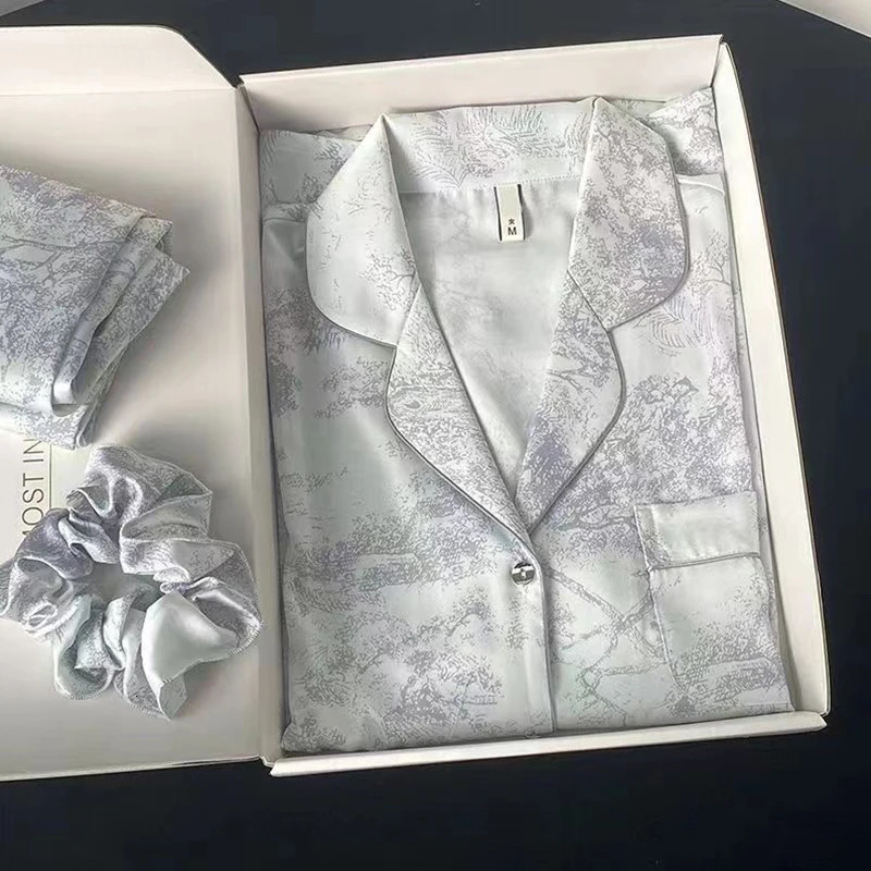 Ice Silk Women Pajama Lapel Button Cardigan Outfits for 2 Piece Set Fashion Printing Clothes 251029