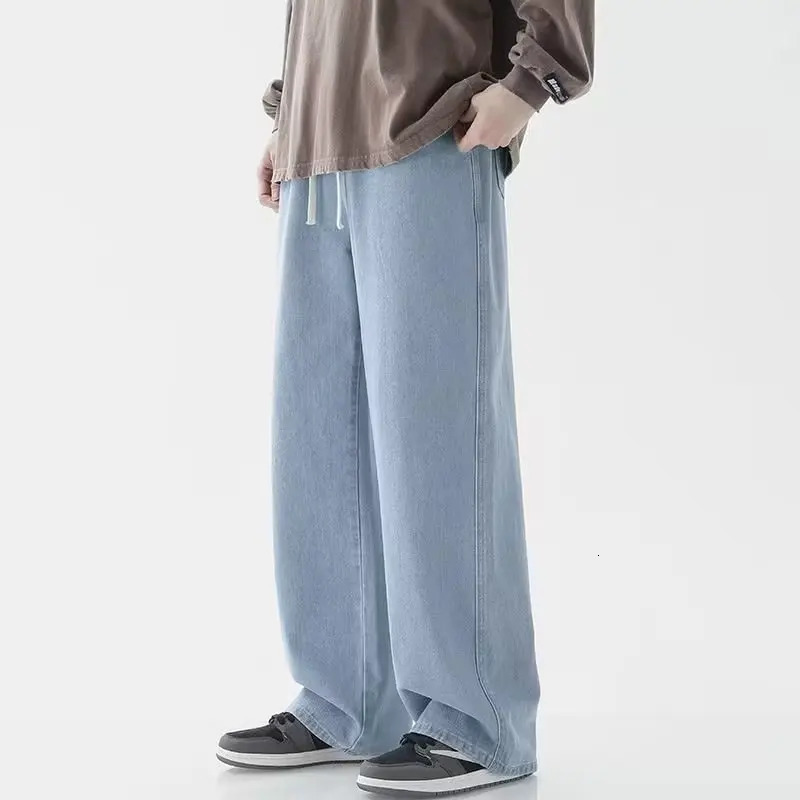 Korean Solid Colors Mens Casual Long Jeans Classic male Four Seasons Straight Denim Wideleg Pants Light Blue Grey Black S3XL 251029