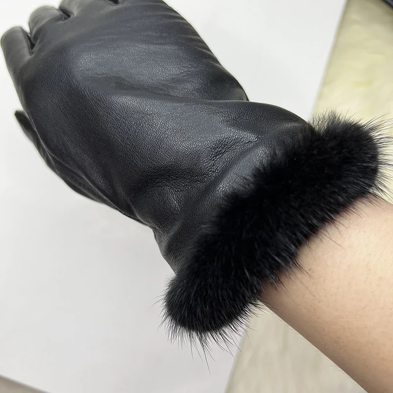 Male And Female Mink Fur Gloves Sheepskin Velvet Lining Black Womens Leather Gloves Mens Highgrade Mink Fur Motorcycle Gloves 251029