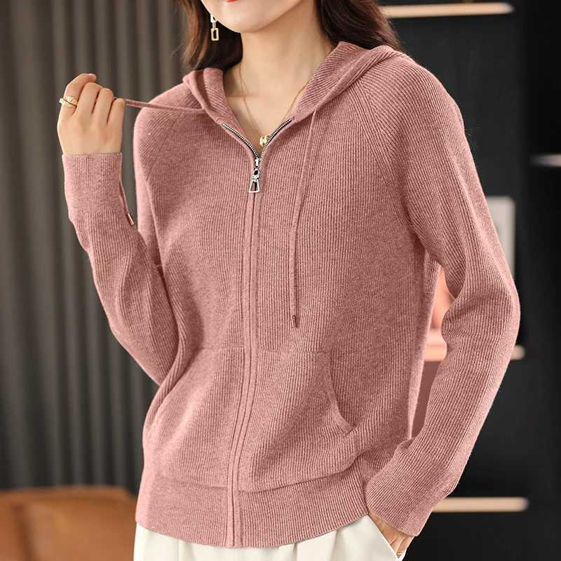 Women Autumn Winter Wool Blend Sweater Hooded Collar Thicken Knitted Zipper Cardigan With Pocket Basis Top Female CoatT251028