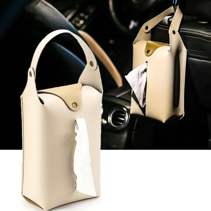 Car tissue box holder Leather car console armrest napkin box visor back tissue box with retaining strap 251029